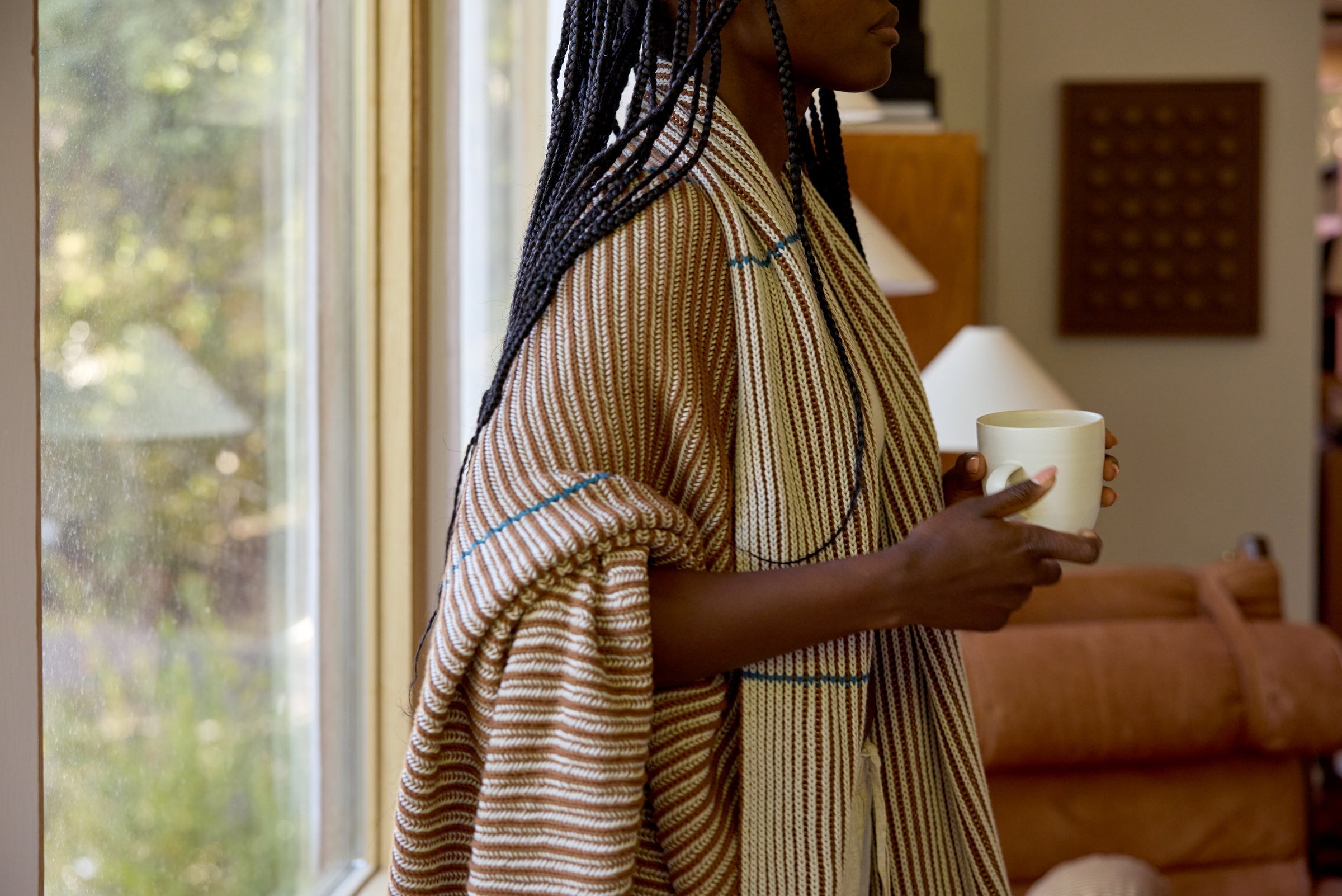 Organic Two Tone Rib Knit Throw (Bone and Tobacco)